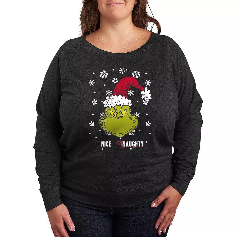 Plus Size Dr. Seuss The Grinch Naughty Or Nice French Terry Long Sleeve Tee, Women's, Size: 1XL, Heather Grey Product Image