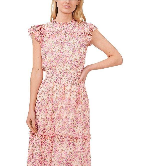 CeCe Floral Print Ruffle Round Neck Flutter Sleeve Smocked Midi A-Line Dress Product Image