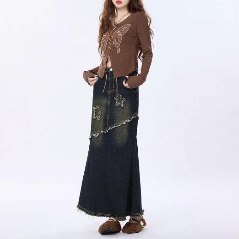 High Waist Star Applique Washed Maxi A-Line Denim Skirt Product Image