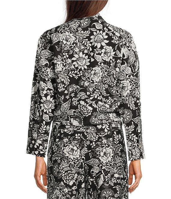Calessa Coordinating Garden Floral Point Collar Roll Tab Long Sleeve Tie-Front Blouse Product Image