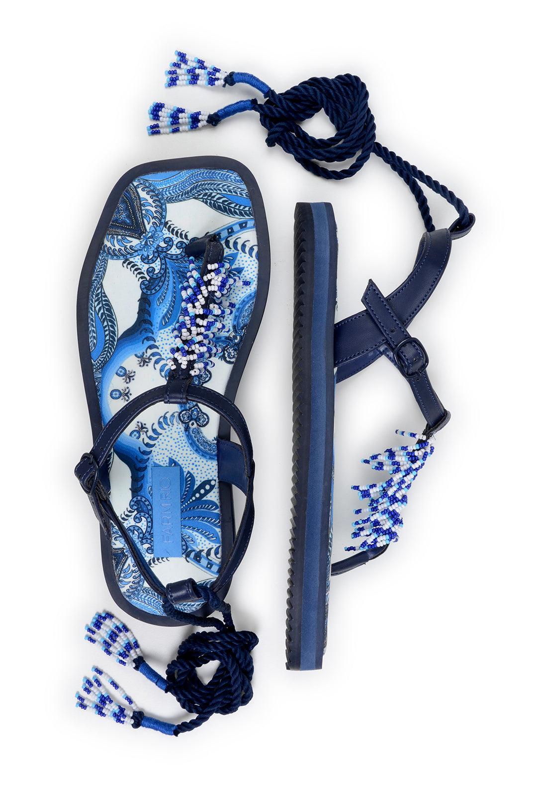 Blue Tile Beaded Flat Sandals Product Image