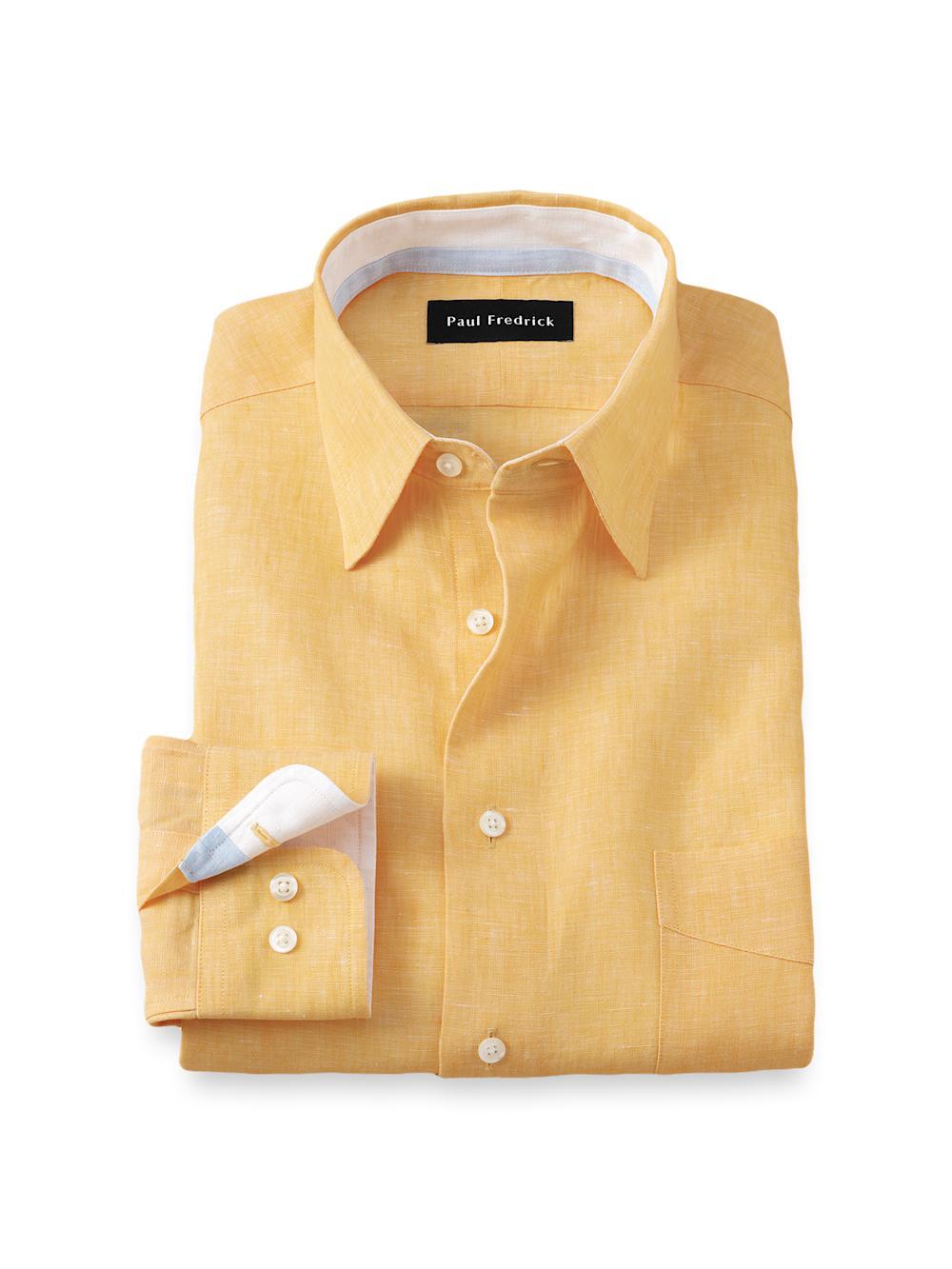 Non-Iron Linen Solid Dress Shirt With Contrast Trim - Yellow Product Image