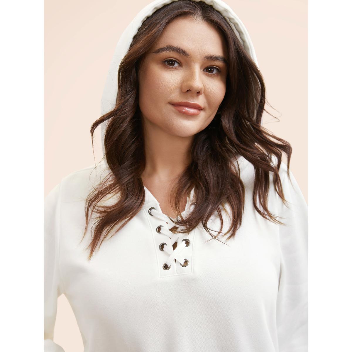 Plus Size Cross Straps Kangaroo Pocket Hooded Sweatshirt Women WhiteSmoke Elegant Eyelet Hooded Everyday Sweatshirts BloomChic 14-16/1X Product Image