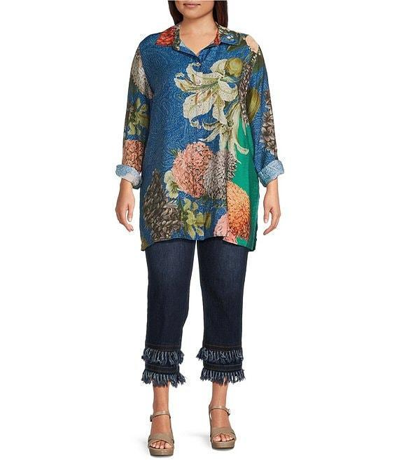 John Mark Plus Size Large Multi Floral Print Point Collar Long Roll-Tab Sleeve Button Front Tunic Product Image
