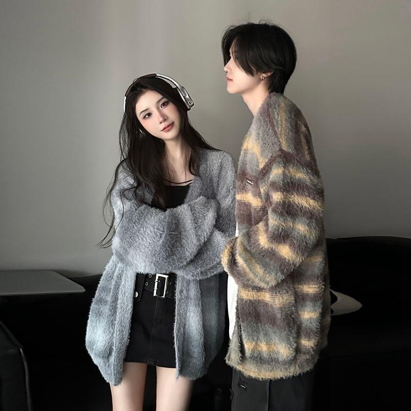 Couple Matching Crew Neck Striped Oversized Cardigan Product Image