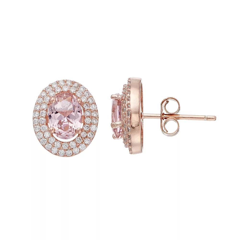 18k Rose Gold Over Silver Pink Crystal & Cubic Zirconia Oval Halo Stud Earrings, Women's, Pink Tone Product Image