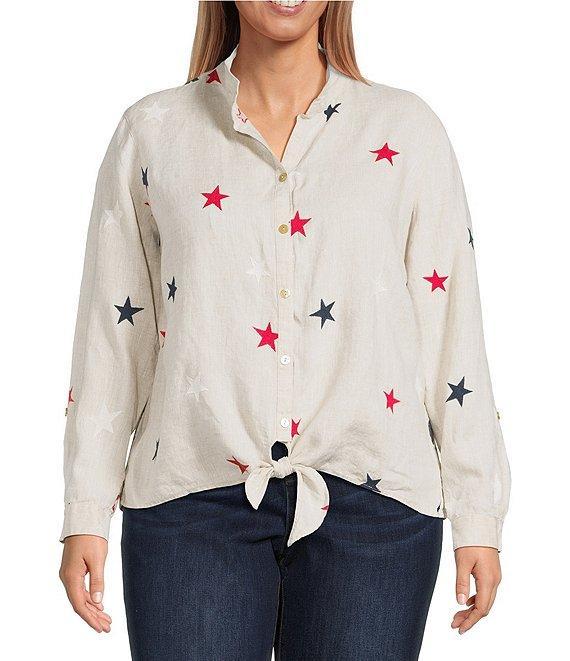 John Mark Plus Size Allover Embroidered Stars Wire Collar Long Roll-Tab Sleeve Button Front Tie Blouse Product Image