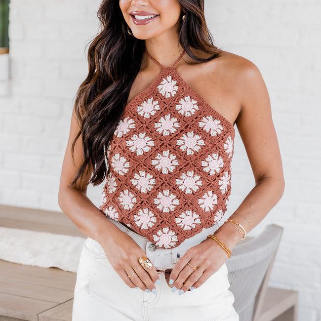 Loved By You Brown Halter Neck Crochet Tank FINAL SALE Product Image