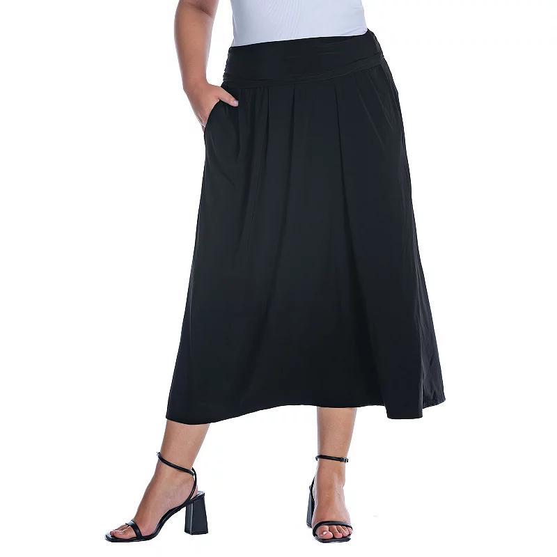 Plus Size 24Seven Comfort Apparel Foldover Maxi Skirt With Pockets, Womens Black Product Image