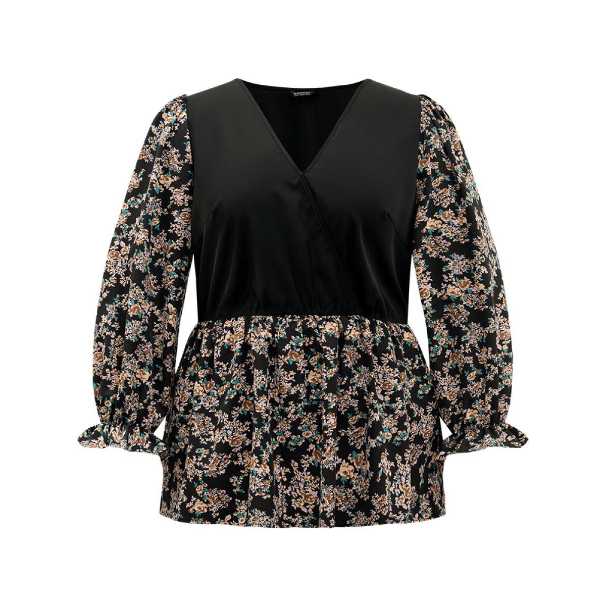 Plus Size Black Ditsy Floral Patchwork Elastic Waist Blouse Women Elegant Long Sleeve V-neck Everyday Blouses BloomChic 18-20/2X Product Image