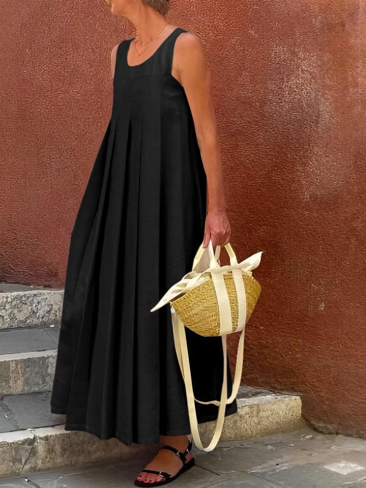 Loose Sleeveless Pleated Solid Color Round-Neck Maxi Dresses Product Image