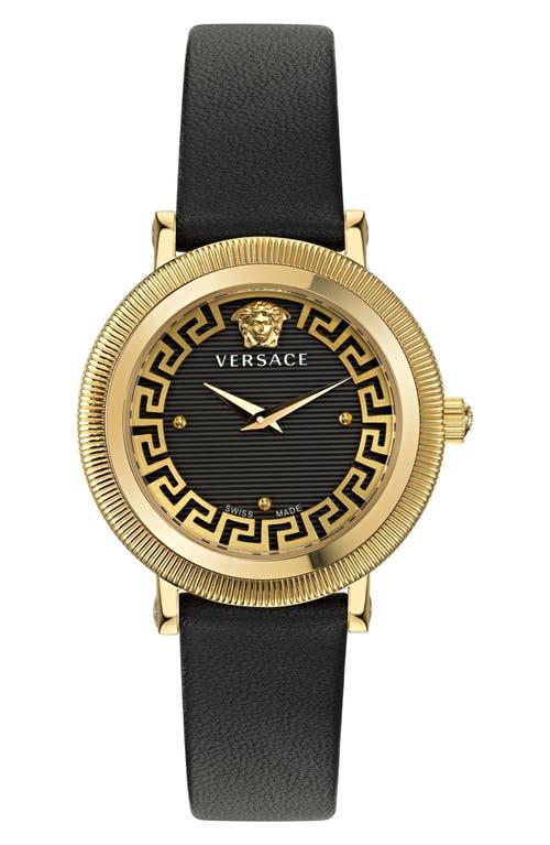 Versace Womens Greca Flourish Quartz Analog Black Leather Strap Watch - IP Yellow Gold Product Image