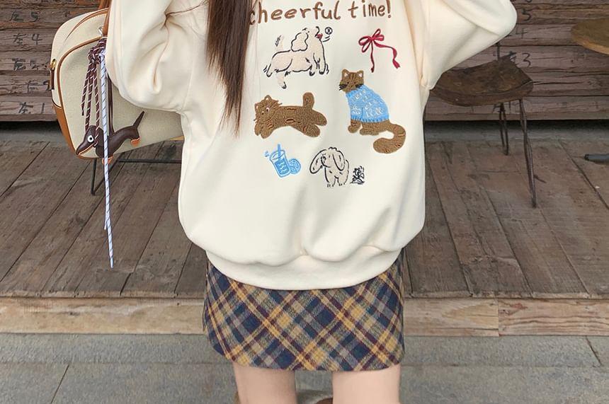 Drop Shoulder Crew Neck Cartoon Oversized Pullover / High Waist Plaid Mini A-Line Skirt Product Image