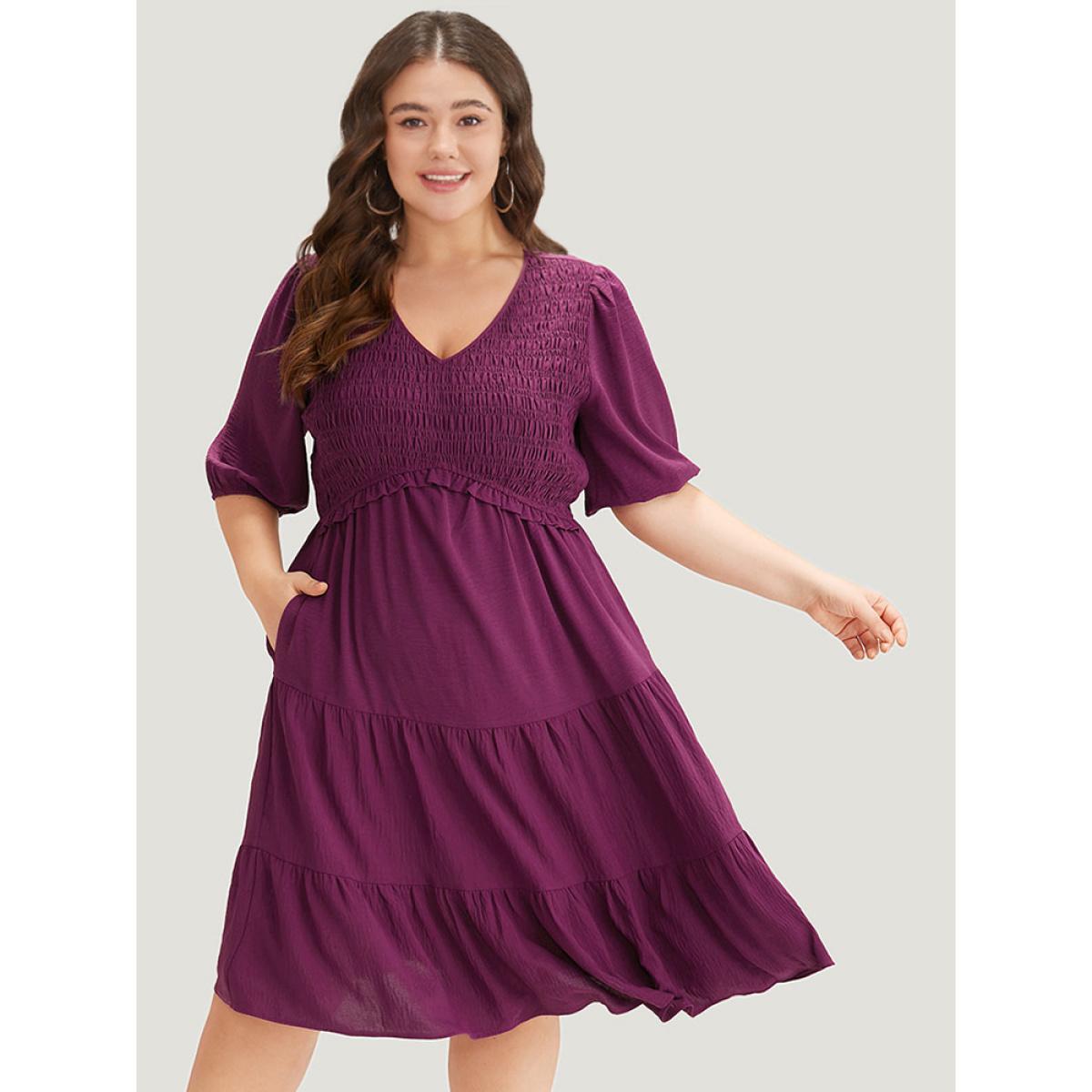 Plus Size Solid Shirred Pocket Frill Trim Layered Dress Purple Women Elegant Plain V-neck Short sleeve Curvy Midi Dress BloomChic 18-20/2X Product Image