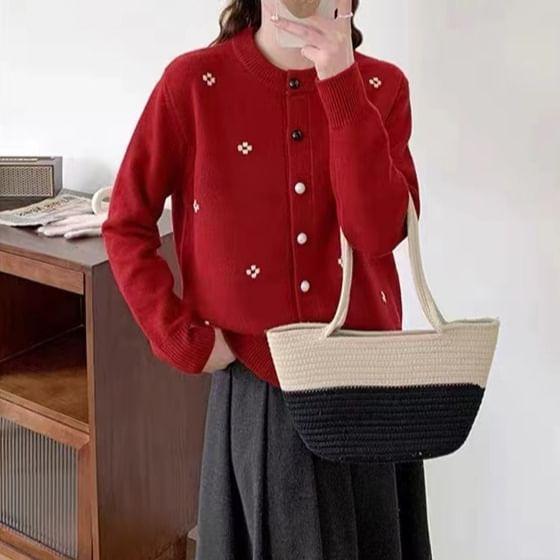 Round Neck Flower Button Cardigan Product Image