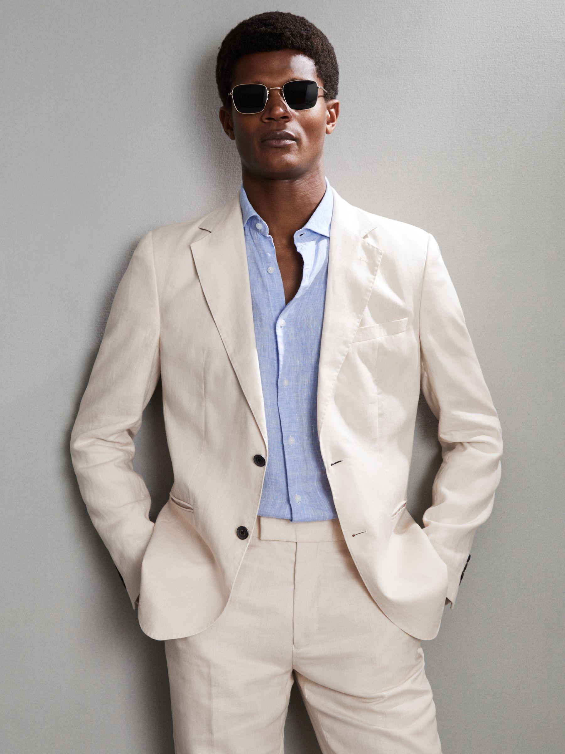 Slim Fit Single Breasted Linen Blazer in Stone Product Image