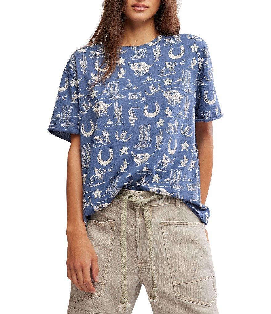 Free People Painted Floral Navy Western Printed Crew Neck Short Sleeve Tee Product Image