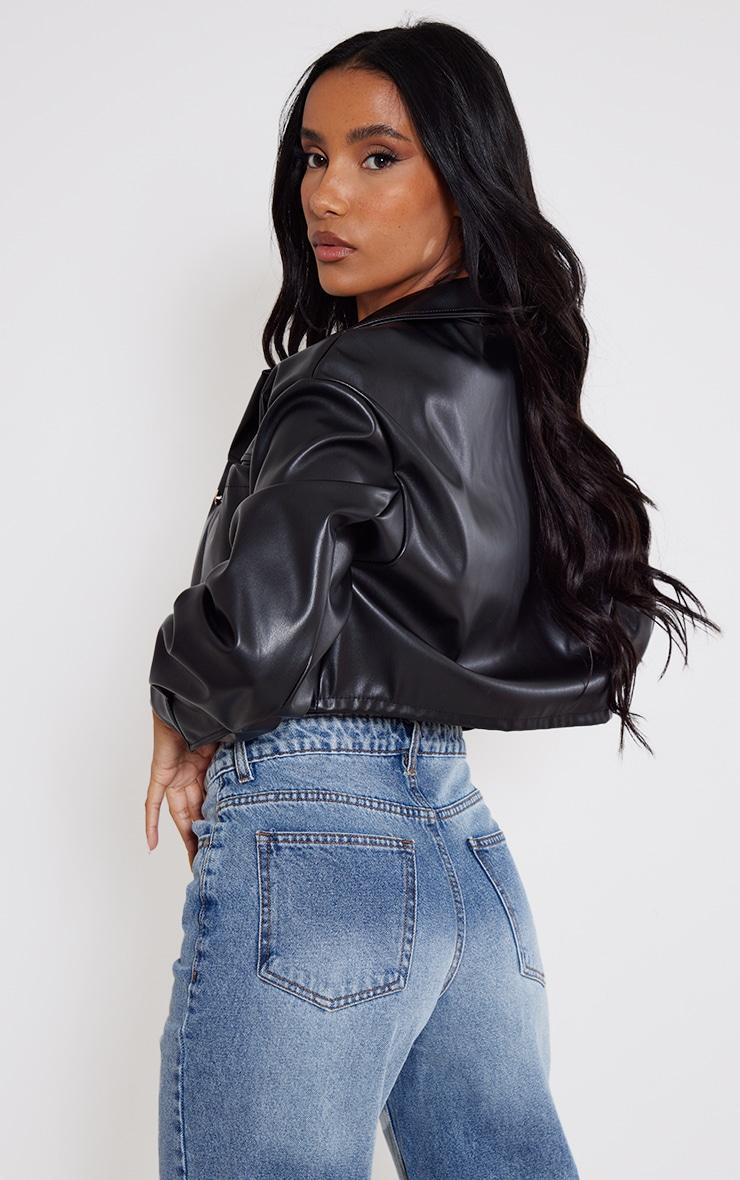 Black Faux Leather Pocket Detail Oversized Cropped Jacket Product Image