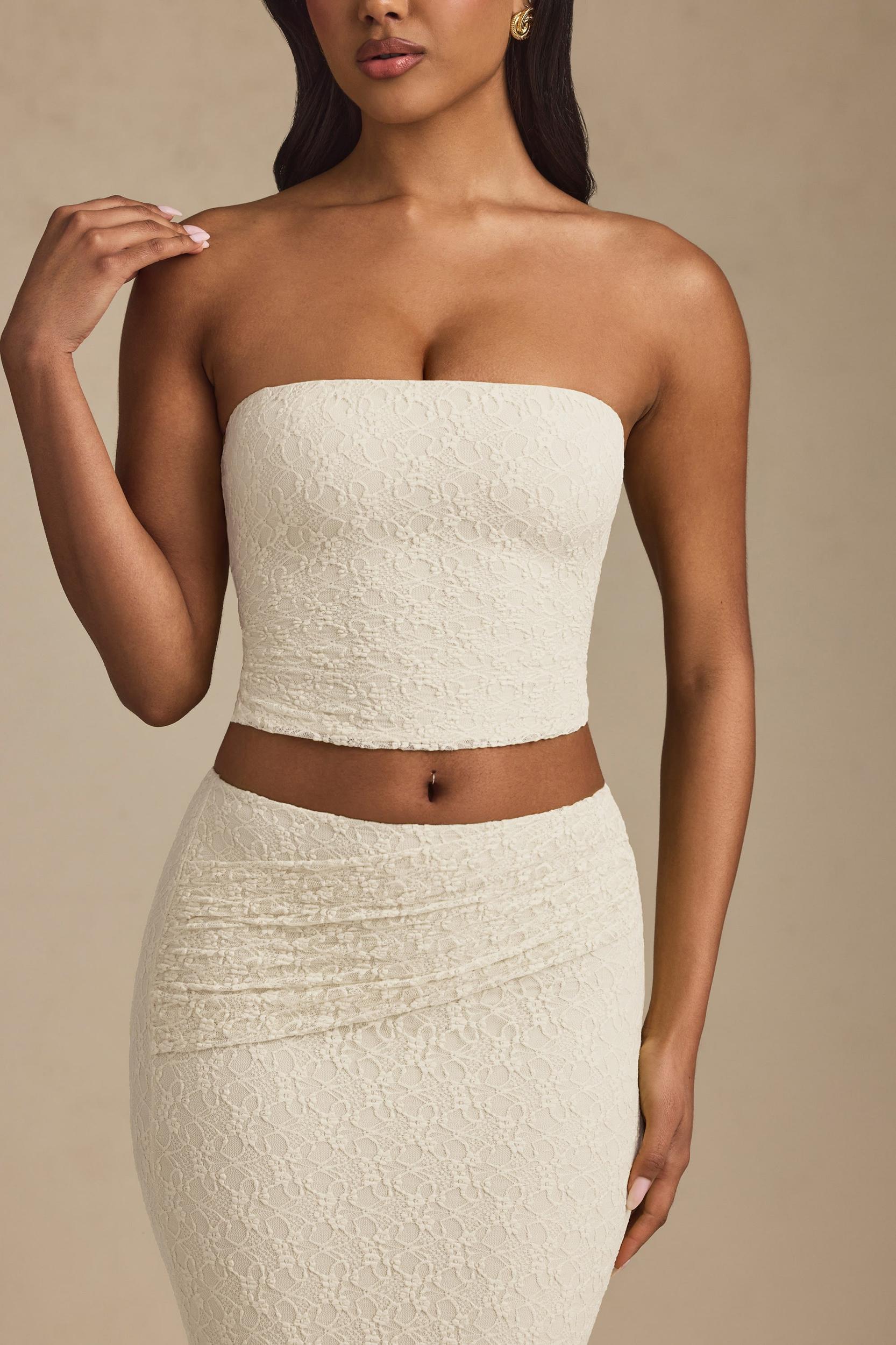 Ruched Strapless Lace Top in Ivory Product Image