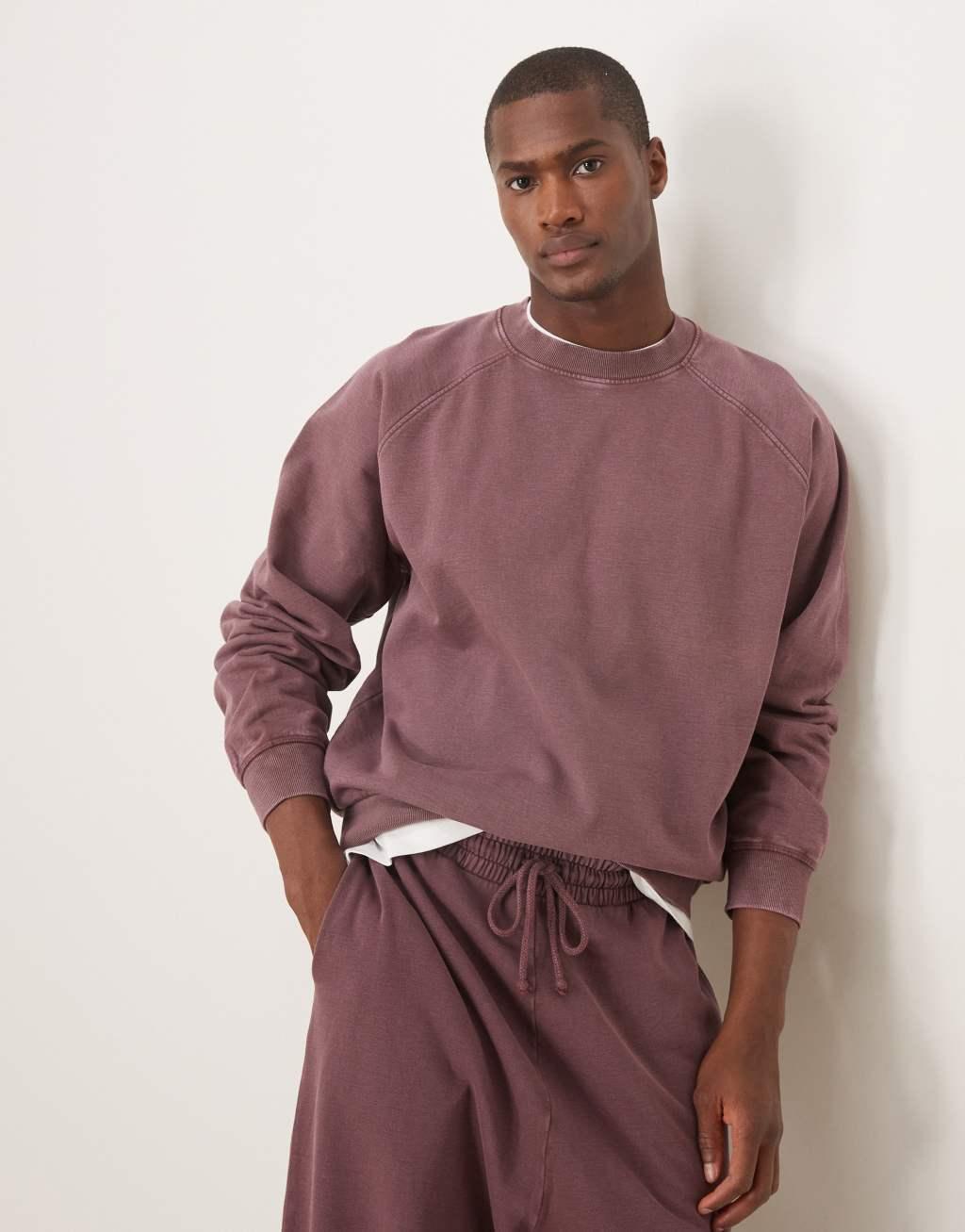 ASOS DESIGN boxy cropped sweatshirt with raglan sleeve detail in washed burgundy Product Image