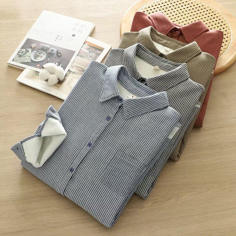 Fleece-Lined Striped Button-Up Shirt Product Image