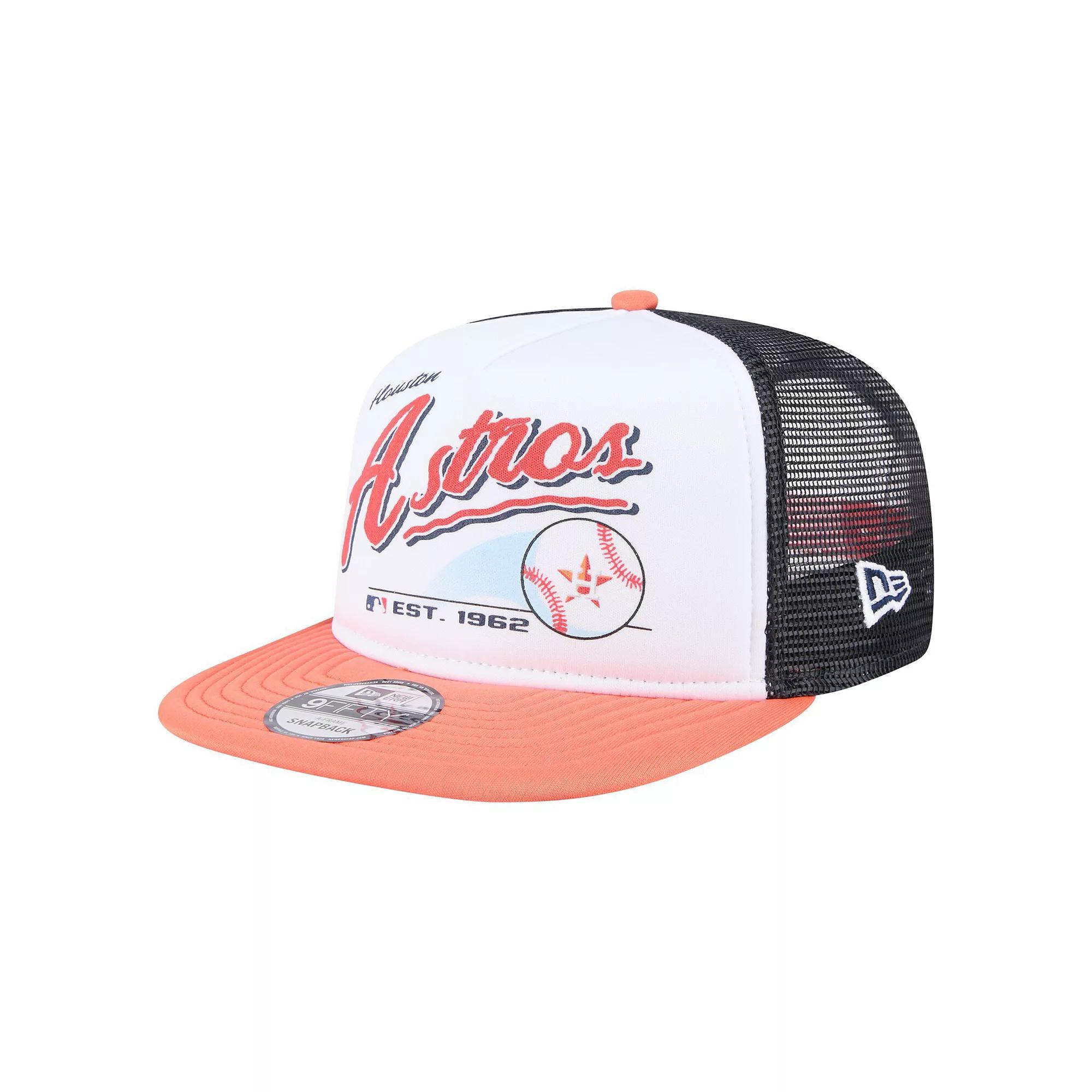 Men's New Era White/Orange Houston Astros Retro Script Trucker 9FIFTY Snapback Hat Product Image