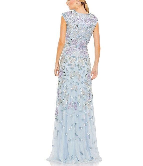 Mac Duggal Sequin Crew Neck Cap Sleeve A-Line Gown Product Image