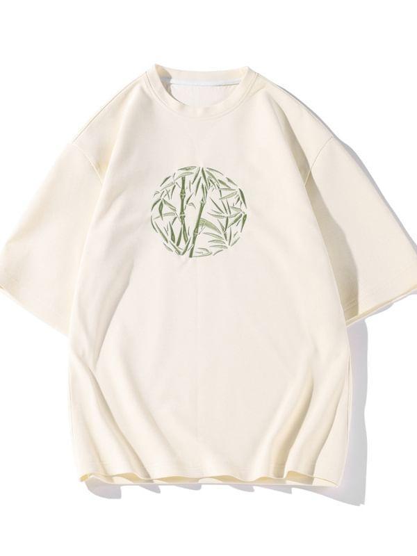 Set: Short-Sleeve Crew Neck Bamboo Embroidered T-Shirt + Drawstring Waist Sweat Shorts Product Image