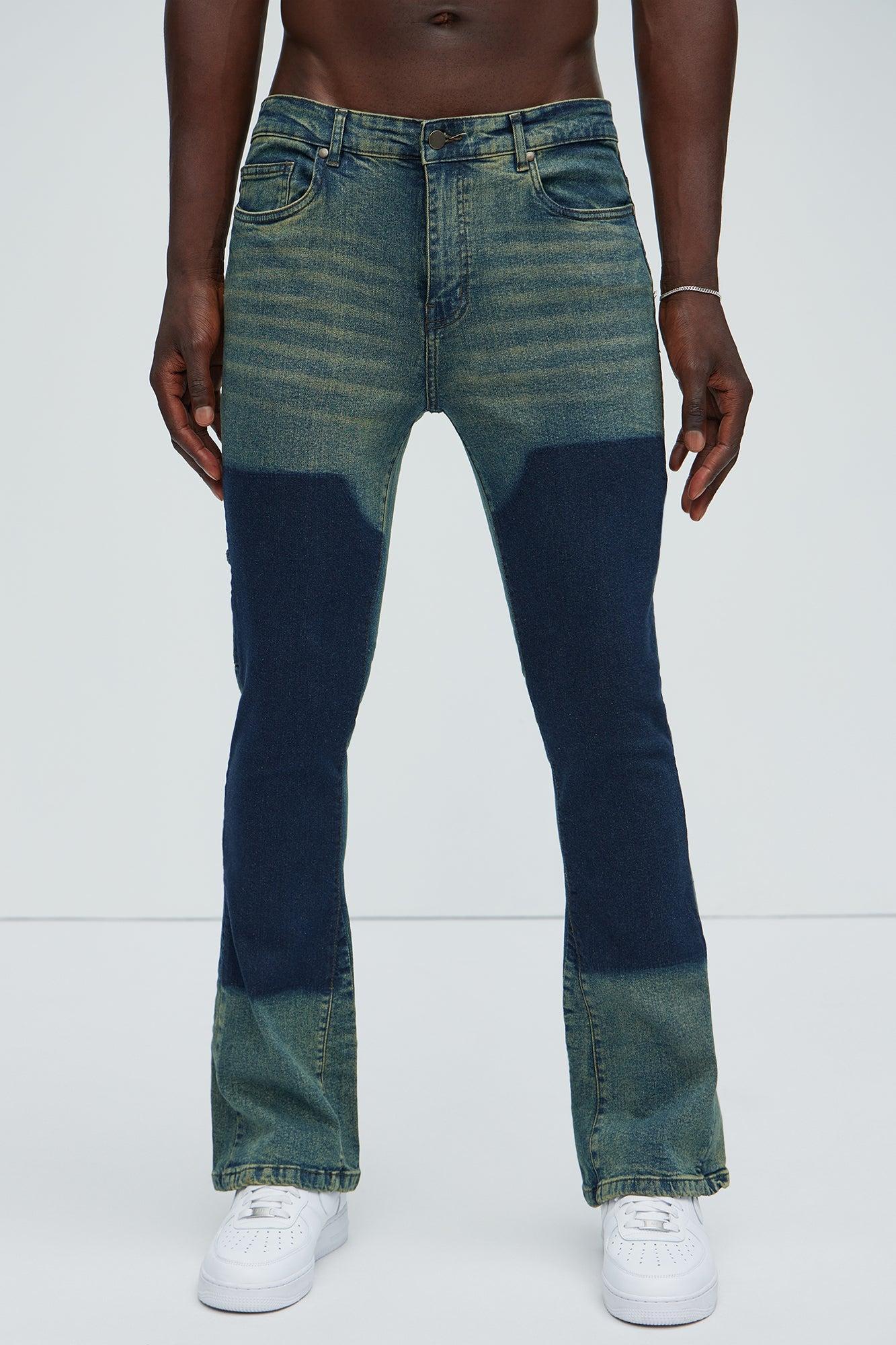 Two Tone Double Knee Carpenter Flare Jeans - Medium Wash Product Image