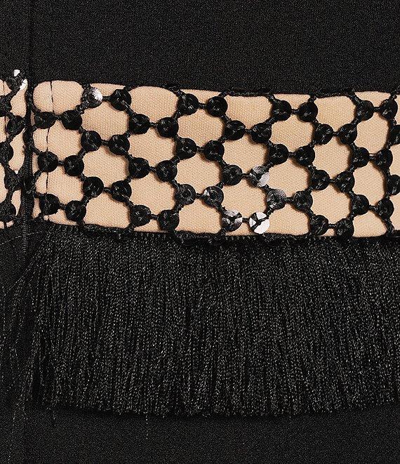 Adrianna by Adrianna Papell Crepe Metallic Net Fringe Square Neck Sleeveless Dress Product Image