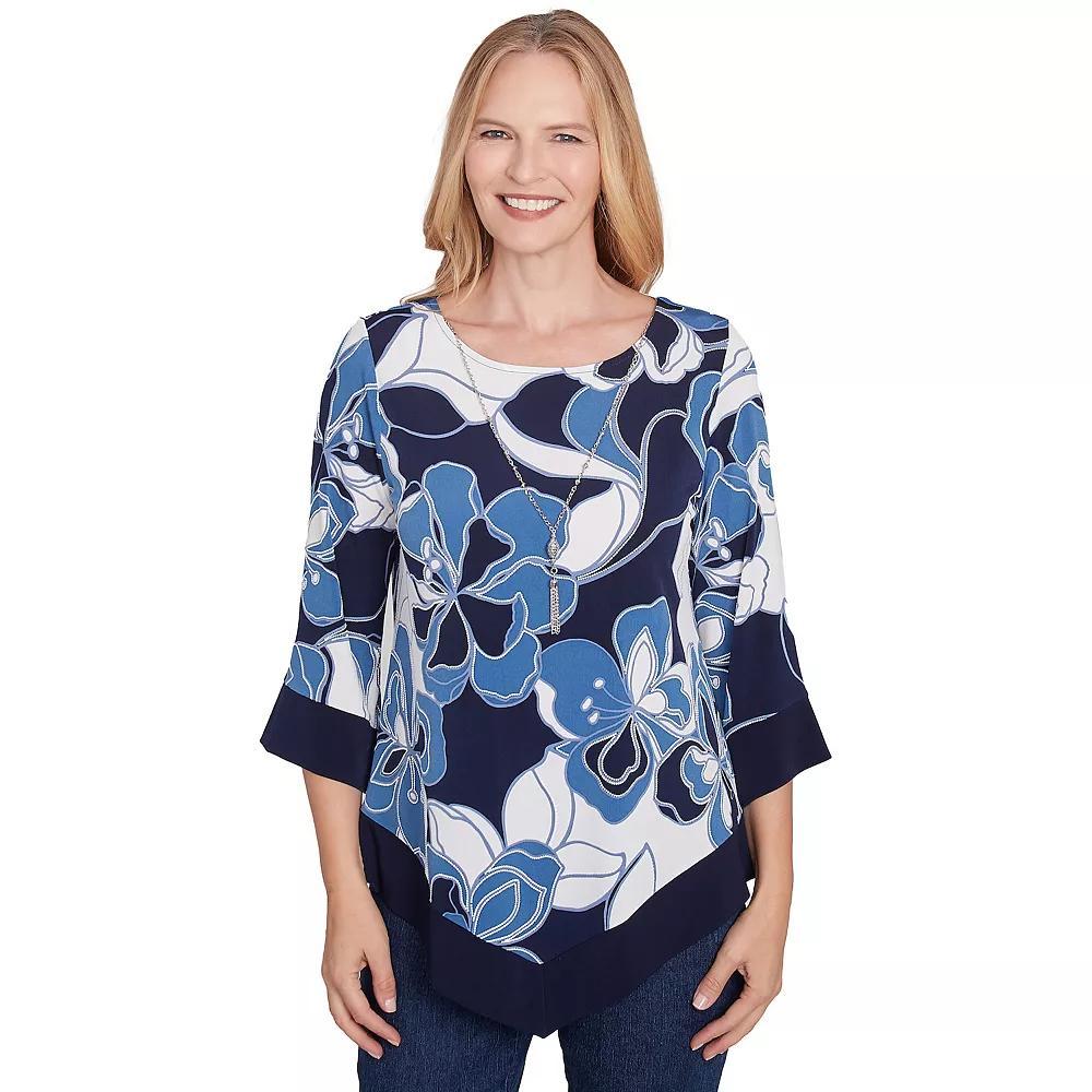 Petite Alfred Dunner Abstract Bold Floral Patchwork Top with Necklace, Women's, Size: Small Petite, Blue Product Image