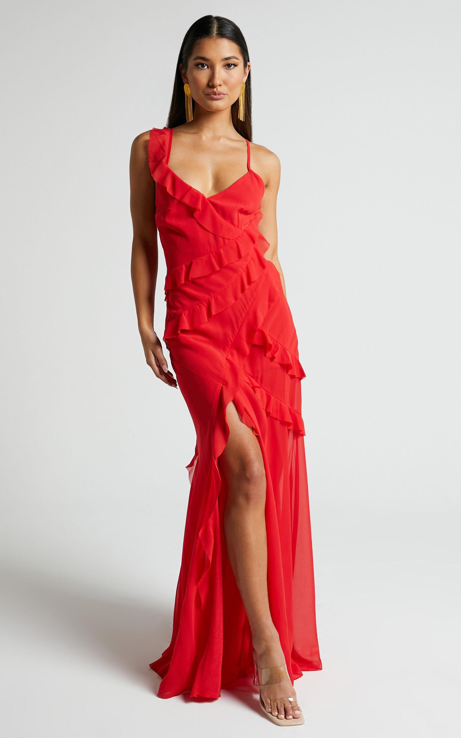 Nitha Maxi Dress - Asymmetrical Frill Thigh Split Dress in Red Product Image