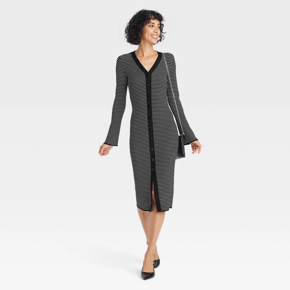 Womens Bell Long Sleeve Midi Sweater Dress - A New Day Black Striped L Product Image