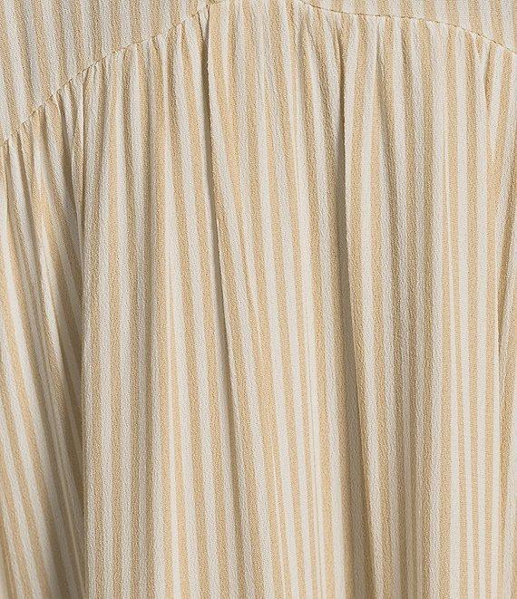 A Loves A Pinstripe Print Button Point Collar 3/4 Blouson Cuff Sleeve Tiered Waistless Midi Shirt Dress Product Image