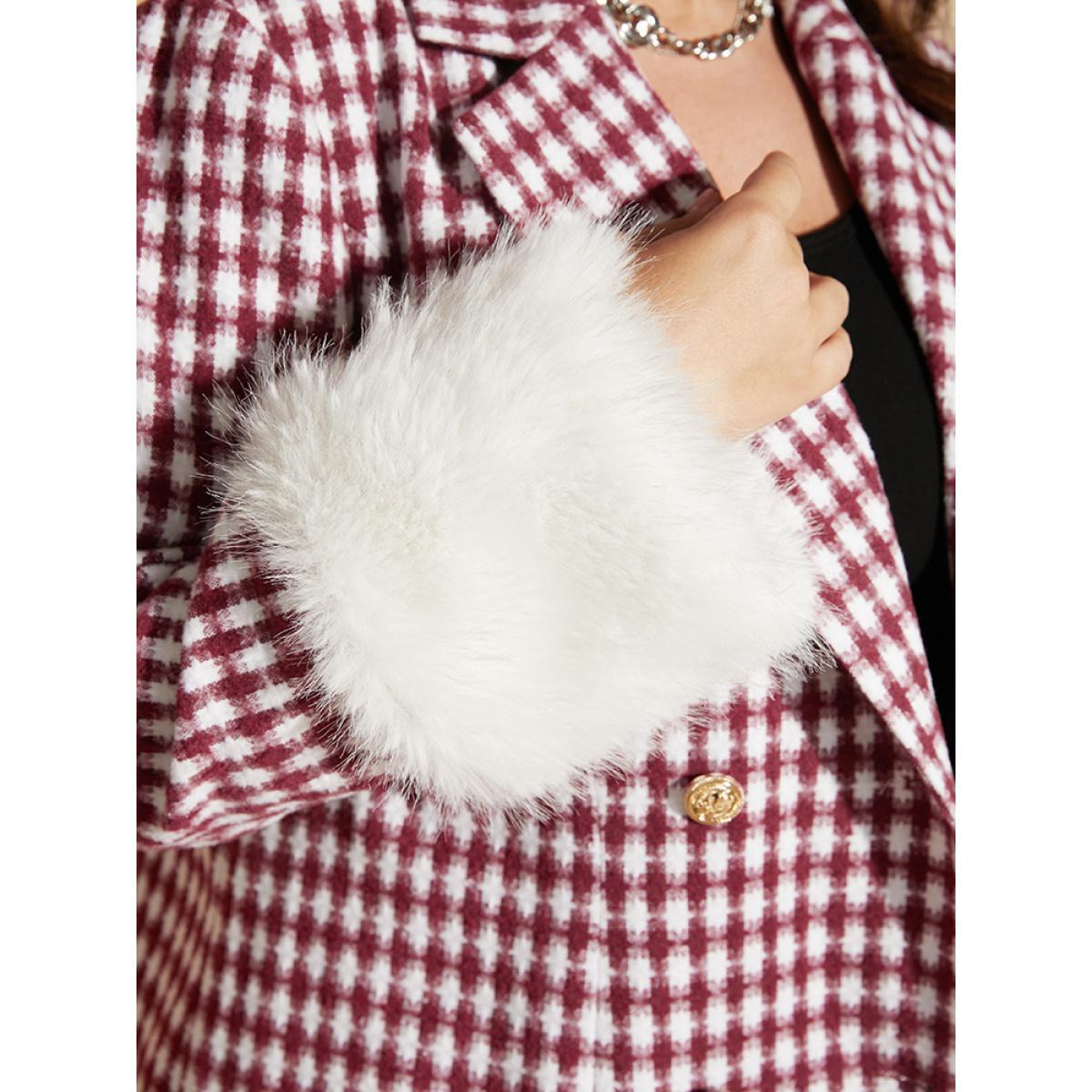Plus Size Gingham Fuzzy Trim Button Front Blazer Scarlet Women Dailywear Gingham Button Sleeve Long Sleeve Suit Collar 30/6X Elegant Blazers BloomChic Product Image