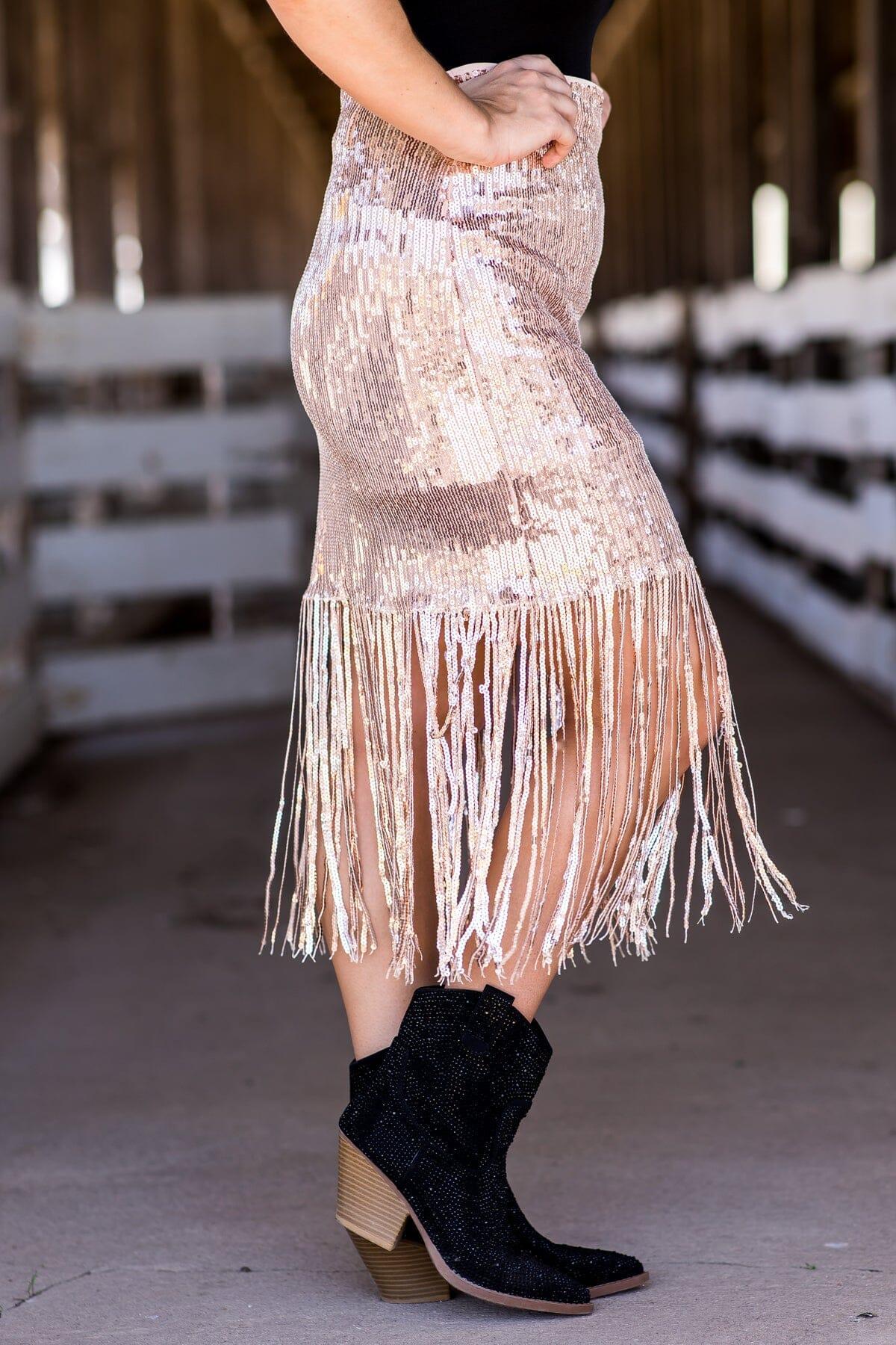 Rose Gold Sequin Midi Skirt With Fringe Product Image