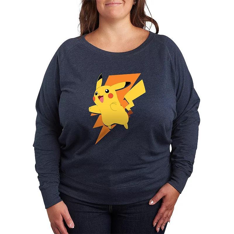 Plus Size Pokemon Pikachu Bolt French Terry Long Sleeve Tee, Women's, Size: 1XL, Grey Indigo Product Image