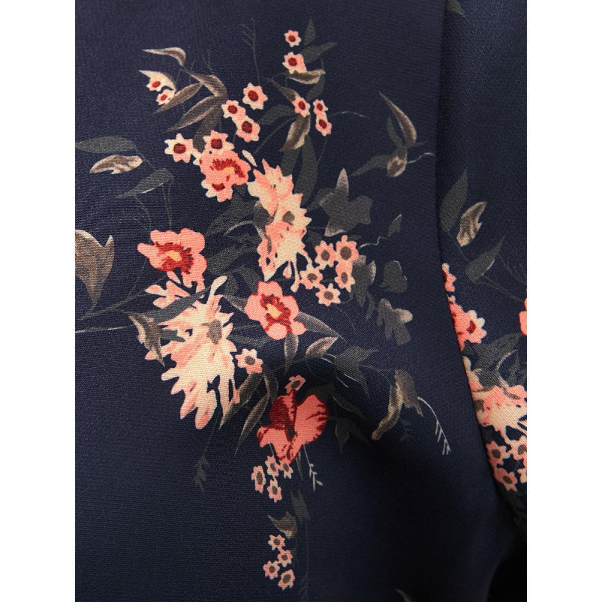 Plus Size Floral Print V Neck Lantern Sleeve Pocket Belted Dress Navy Women Elegant Elastic Waist V-neck Long Sleeve Curvy Midi Dress BloomChic 26/4X Product Image