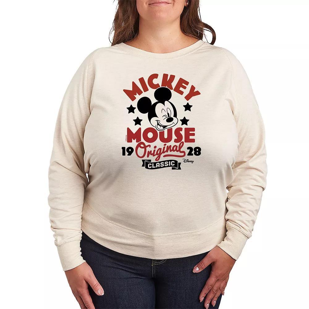 Disneys Mickey Mouse Plus Size Badge French Terry Long Sleeve Tee, Womens Beigh Green Product Image