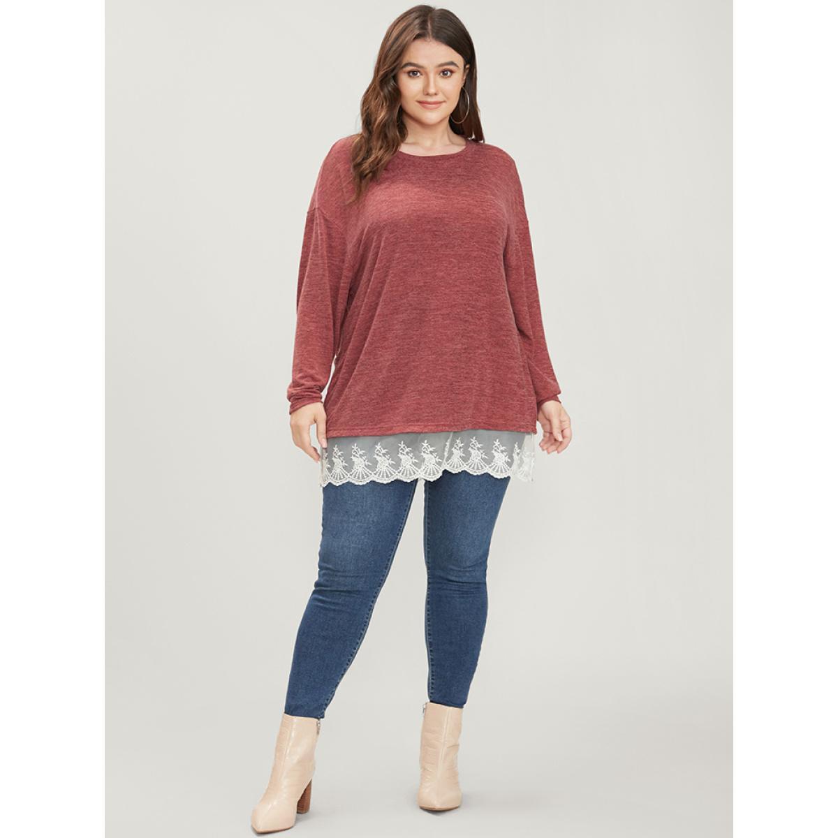 Plus Size Solid Round Neck Lace Hem Long Tee Raspberry Women Elegant Patchwork Plain Round Neck Dailywear T-shirts BloomChic 18-20/2X Product Image