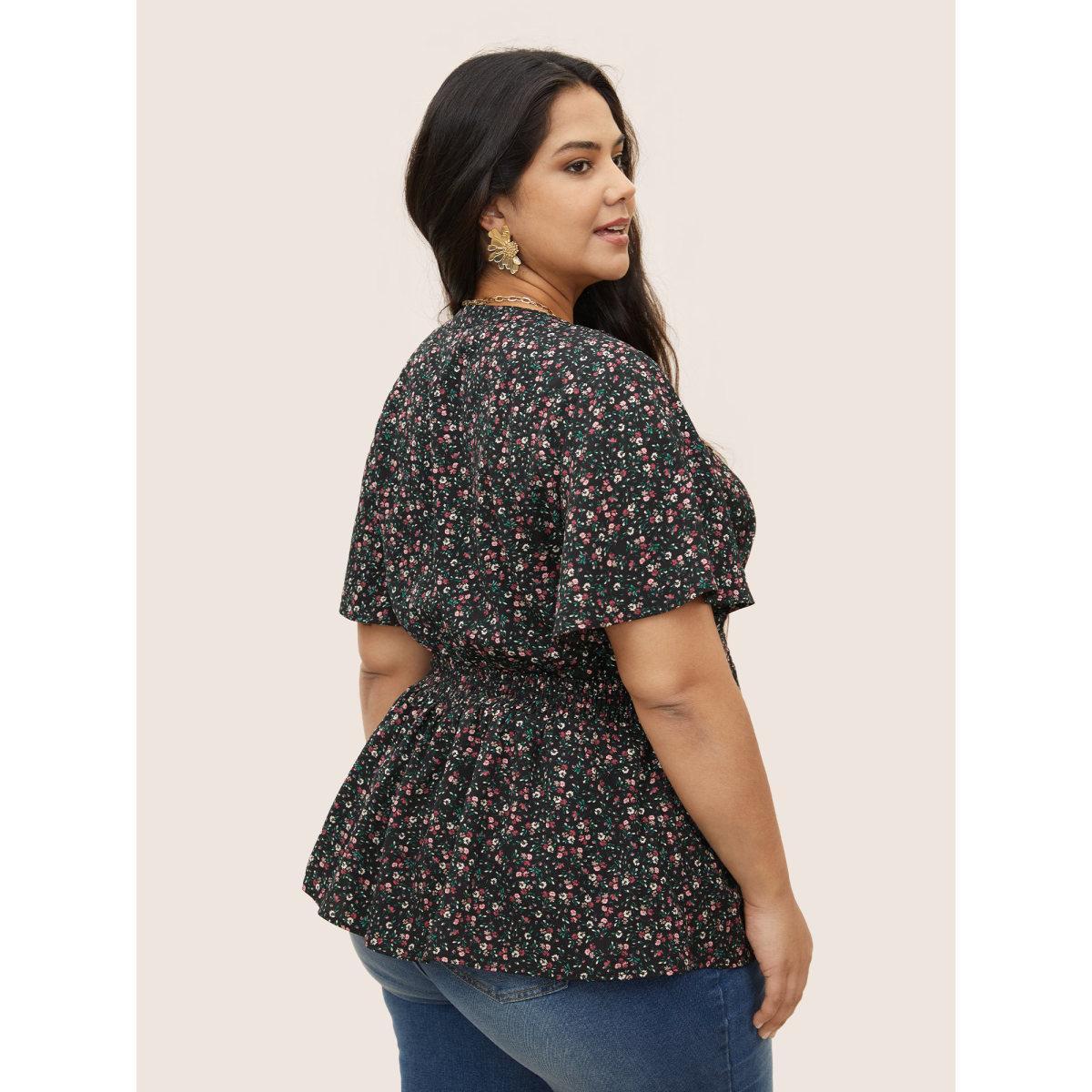 Plus Size Black Ditsy Floral Shirred Frill Trim Blouse Women Elegant Short sleeve Notched collar Everyday Blouses BloomChic 26/4X Product Image