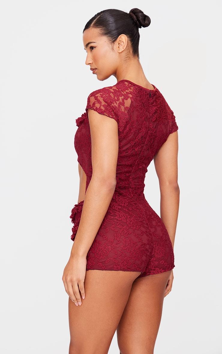 Burgundy Lace Ruffle Detail Cut Out Rara Skort Romper Product Image