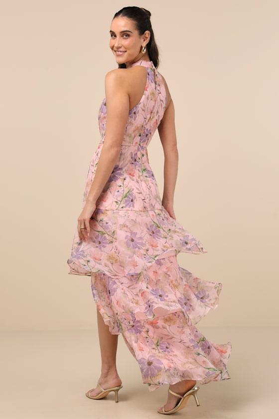 Forever Exceptional Light Pink Floral Halter Organza Maxi Dress Product Image