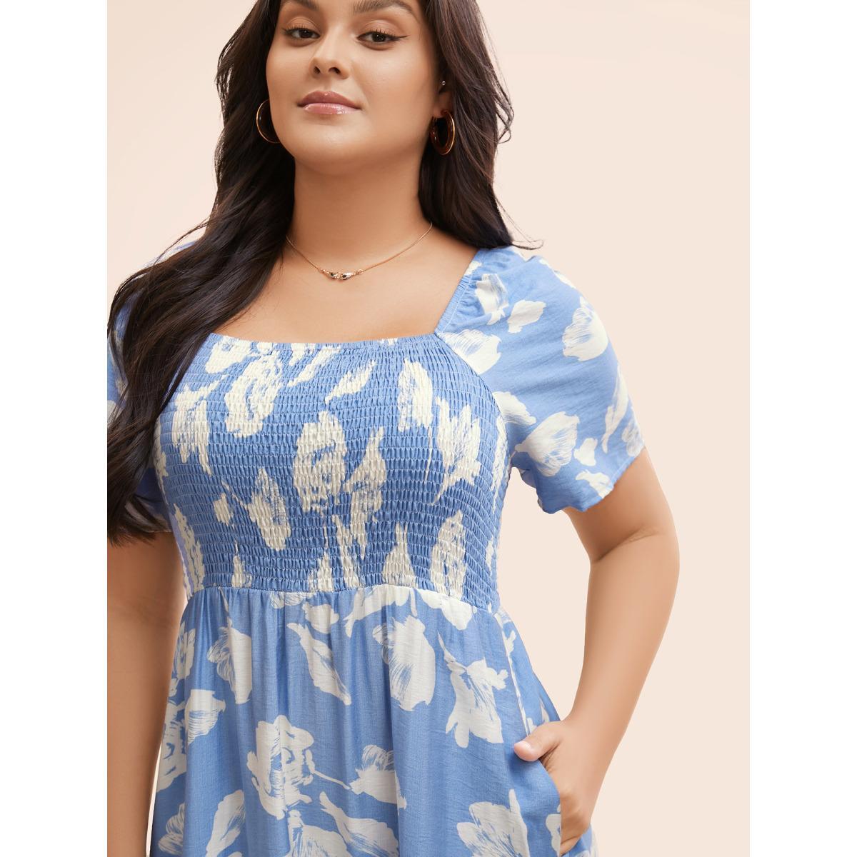 Plus Size Square Neck Silhouette Floral Print Shirred Dress LightBlue Women Elegant Shirred Square Neck Short sleeve Curvy BloomChic 22-24/3X Product Image