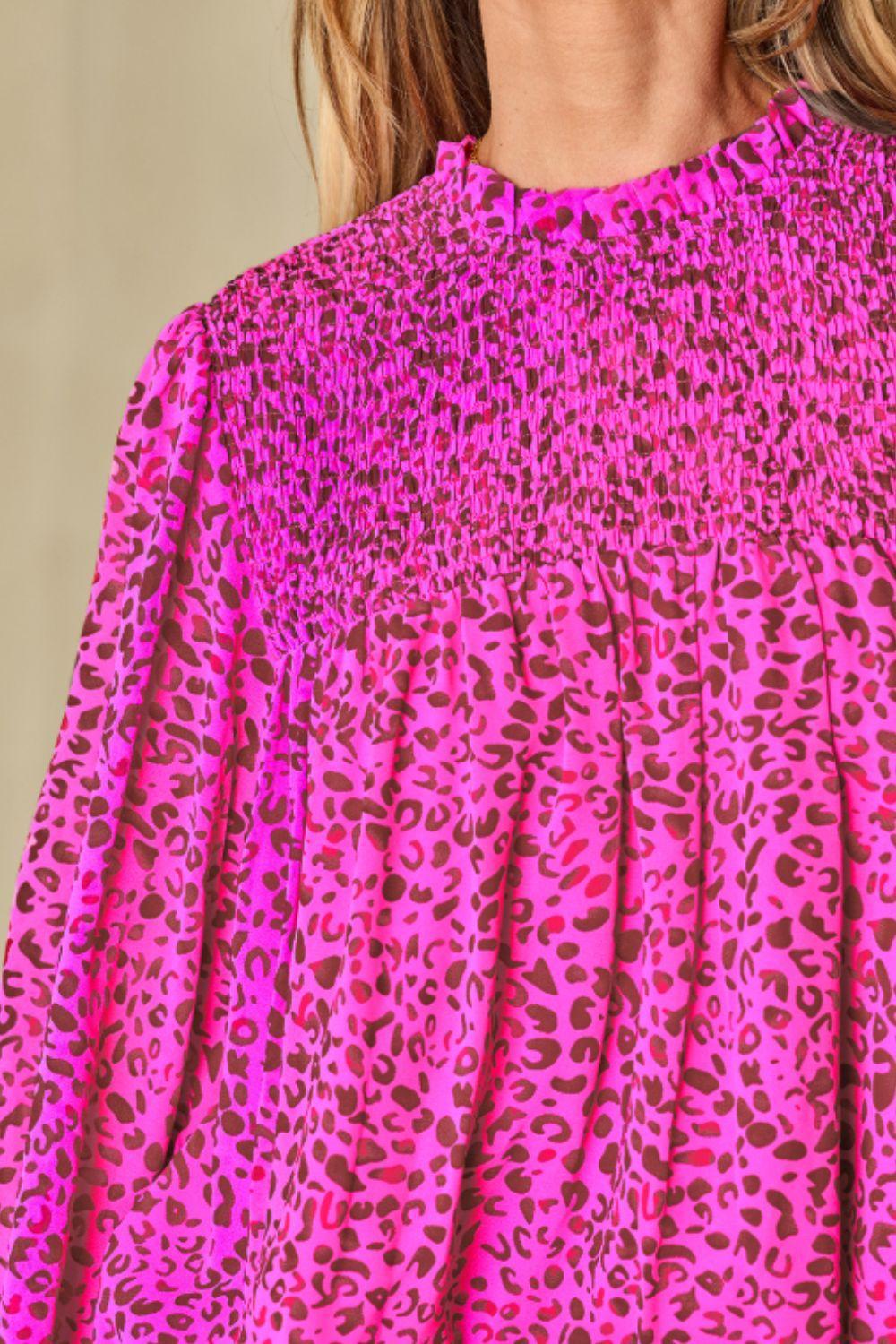 Ruched Leopard Mock Neck Long Sleeve Blouse Product Image