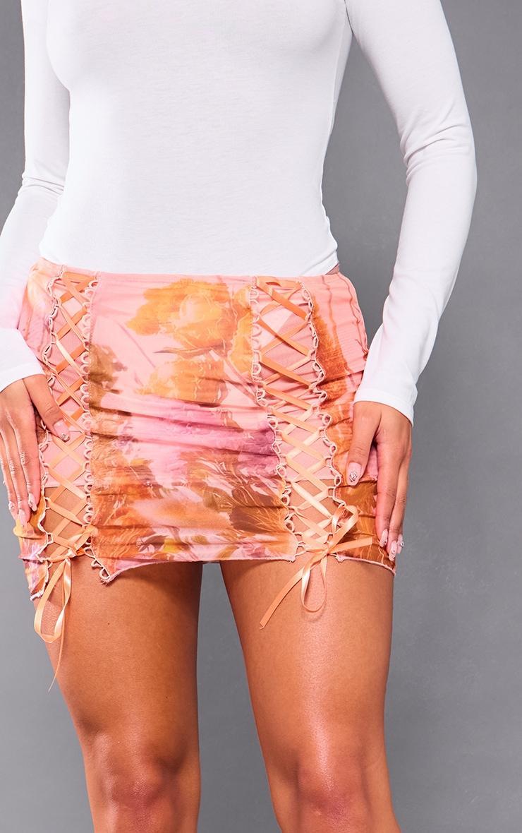 Orange Flower Print Lace Up Mini Skirt Product Image