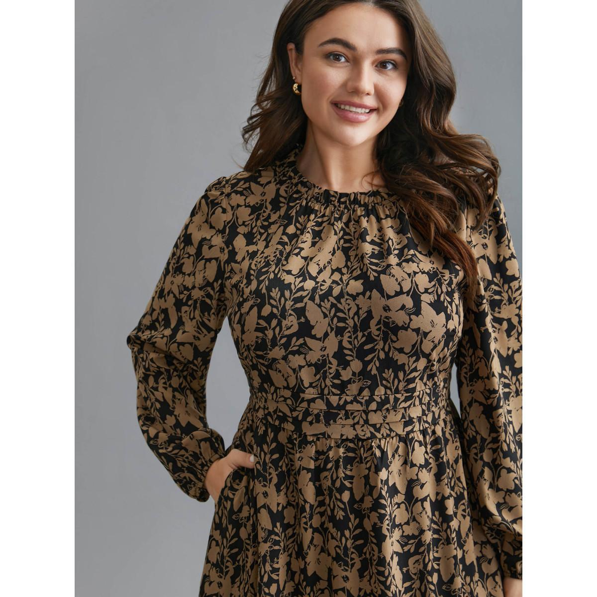 Plus Size Floral Mock Neck Ruffles Pleated Waist Dress Black Women Elegant Frill Trim Mock Neck Long Sleeve Curvy BloomChic 10/M Product Image