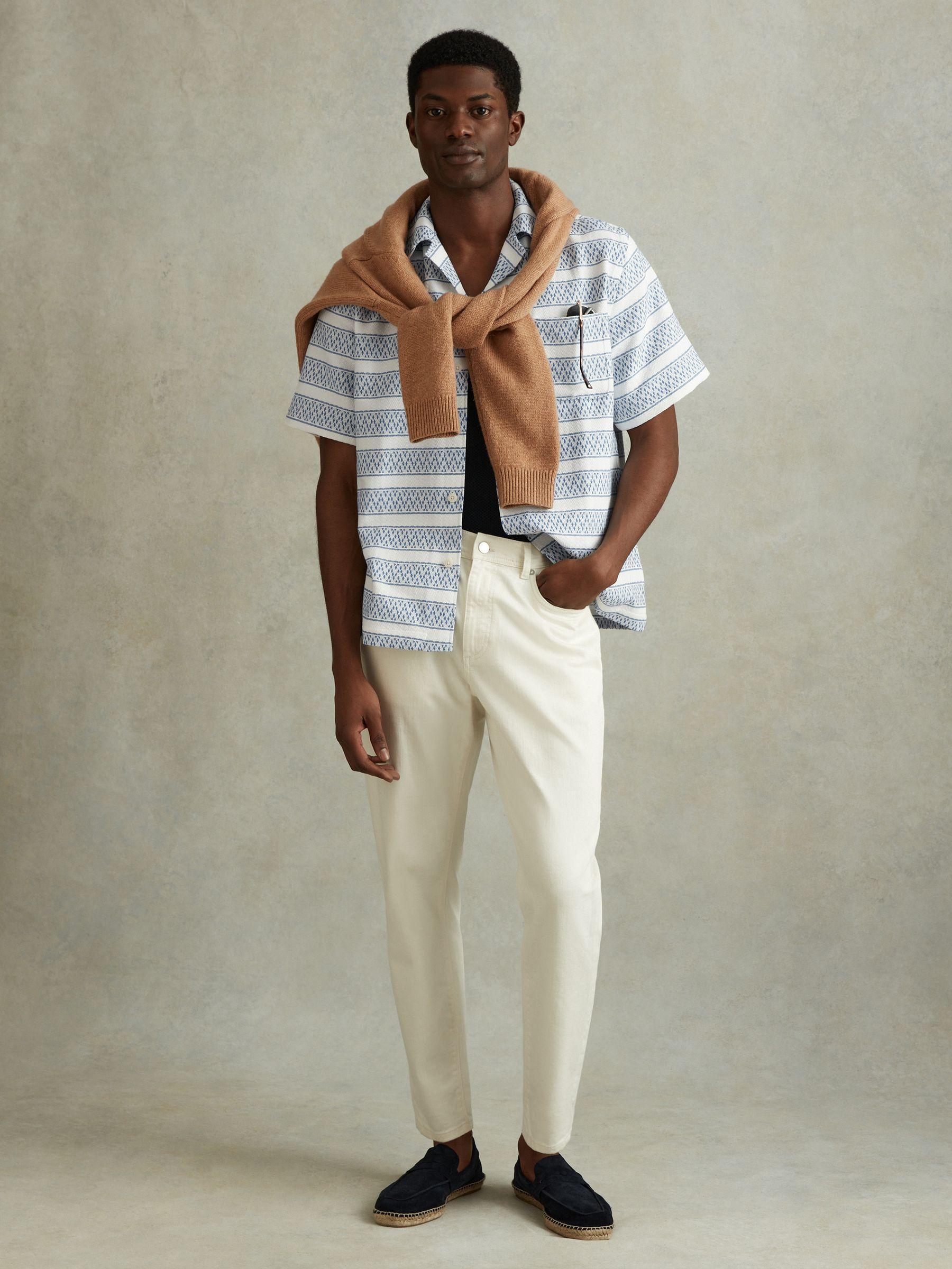 Herringbone Cuban Collar Shirt in White/Soft Blue Product Image