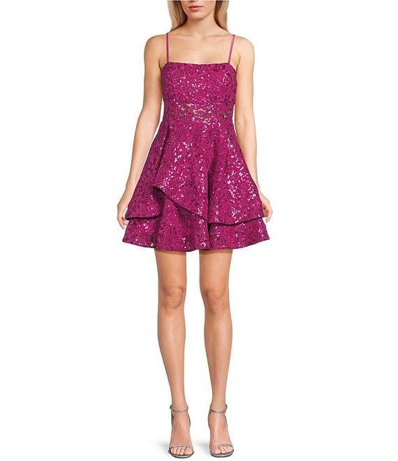 Honey and Rosie Square Neck Double Layer Skirt Ruffle Detail Sequin Embroidery Lace Mesh Dress Product Image