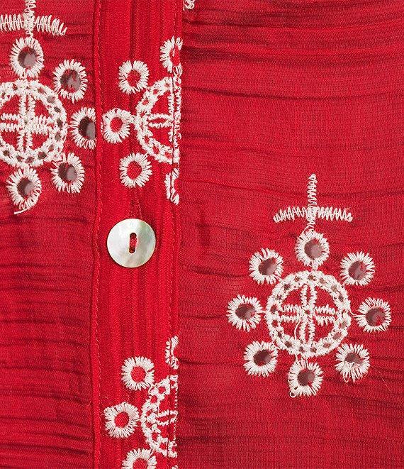 Calessa Embroidered Split V-Neck 3/4 Sleeves Button Front Tunic Product Image